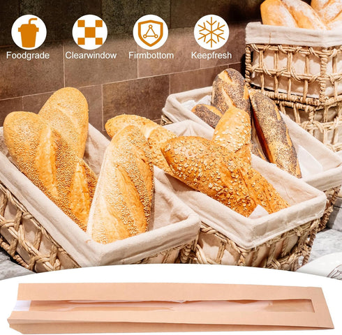 kenaeooe 100 Pack 23.8 4.4 1.6 Inch Baguette Bread Bags with Clear Window, Long French Bread Bag, Paper Bakery Storage