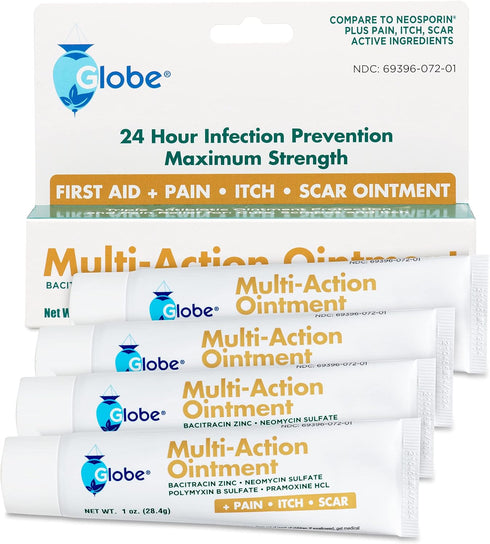 Globe First Aid Antibiotic Scar Minimizing Ointment, 4 Pack Pain-Relief with Neomycin, Bacitracin Zinc, Pramoxine HCl