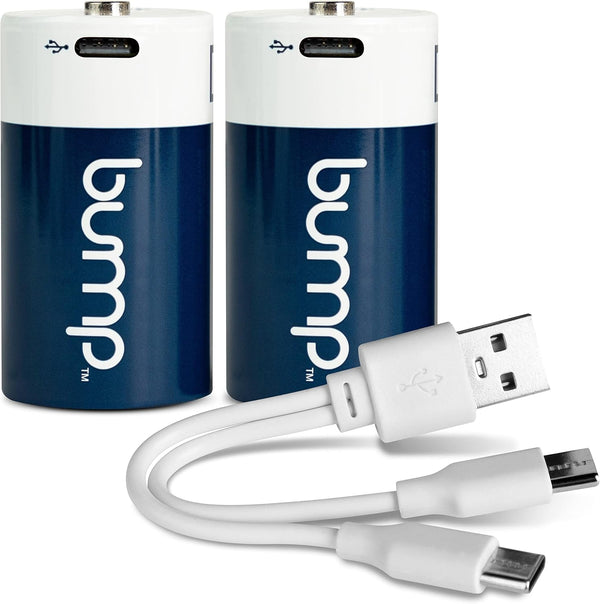 bump D 1.5V Rechargeable Batteries, 2 Pack, Lithium Ion, High Output, Charger Cable Included