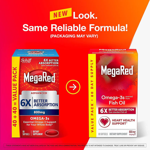 MegaRed Advanced 6X Absorption Softgels, Omega-3 Fish Oil Supplement 800mg (80 Count), Supports Heart Brain Joints &