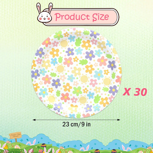 wonmon 30 9 Inch PCS Disposable Easter Paper Plates, Round Colorful Easter Flower Plate Spring Dessert Cake Plates