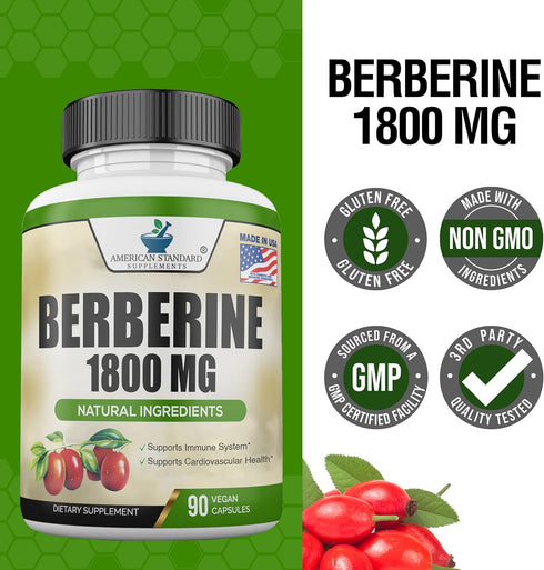 Berberine 1800mg Per Serving, 90 Veggie Capsules, Cardiovascular & Heart Health, Immune Support Supplement