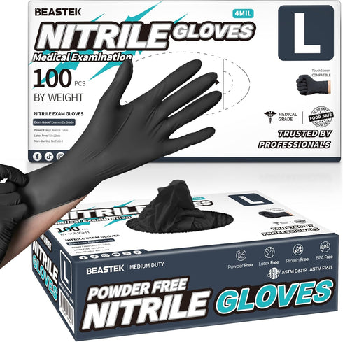 Black Nitrile Exam Gloves 4 mil Powder-Free Latex-Free Non-Sterile Food Safe Disposable Medical Gloves (100 Pcs)