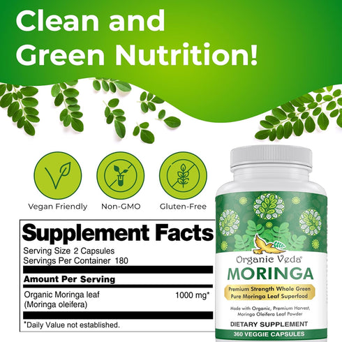 Organic Veda Moringa Leaf Powder Capsules, 1000mg, 360 Count - Pure Natural Moringa Oleifera Dietary Supplement -