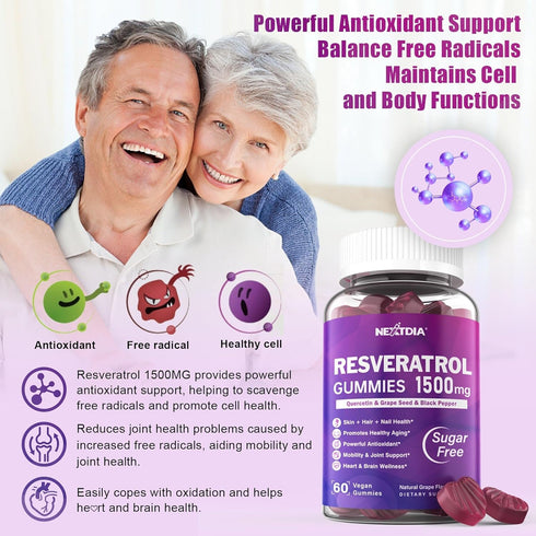 Resveratrol Gummies 1500mg - Sugar Free Supplement with Quercetin, Grape Seed, Acai Berries Extracts for Antioxidant,