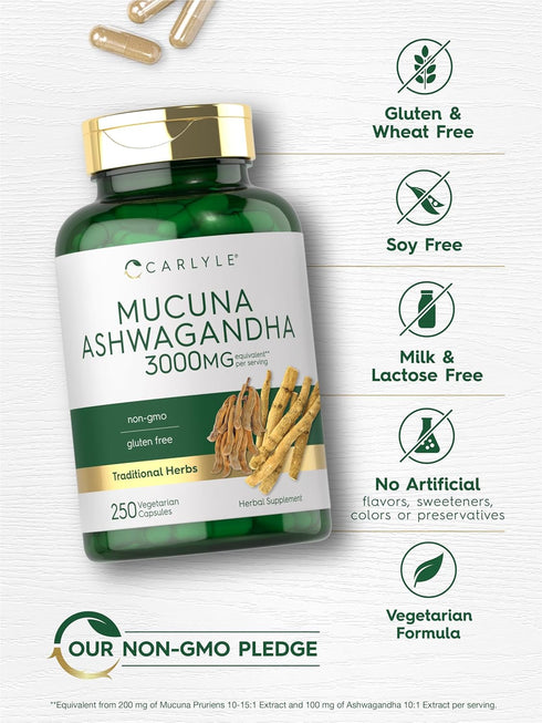 Carlyle Mucuna with Ashwagandha, 3000mg, 250 Capsules, Vegetarian, Non-GMO, Gluten Free