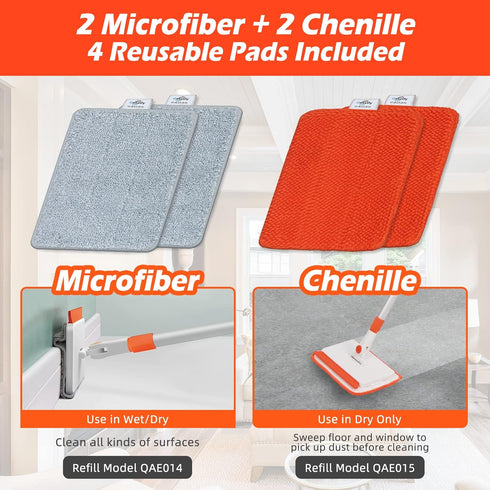 Pack 2 QAE011 QAE015 Qaestfy of Chenille Pad Refill Compatible with Wall and Baseboard Cleaner Tool with Long Handle