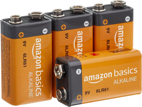Amazon Basics 4-Pack 9 Volt Alkaline Performance Batteries, 5-Year Shelf Life
