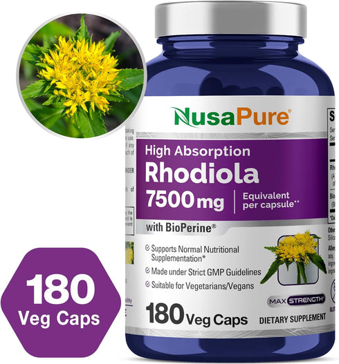 NusaPure Rhodiola Rosea 7,500mg, 180 Veggie Capsules, Non-GMO, Vegan & Gluten-Free, Extract 30:1, Bioperine
