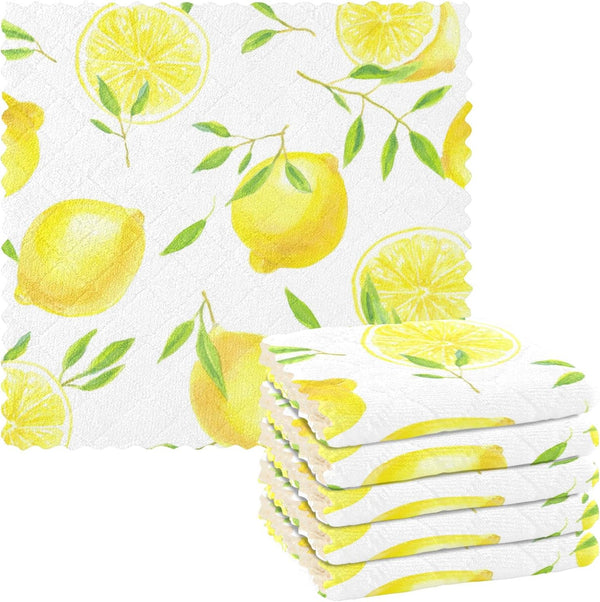 CaTaKu Lemons Leaves Kitchen Dish Cloths | 6 Pack | Reusable Microfiber Cleaning Cloths for Kitchen Drying