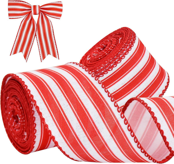 TONIFUL 2 Rolls-2 Inch Red Striped Wired Ribbon, Red and White for Gift Wrapping, Bows Making, Wedding Birthday Decor