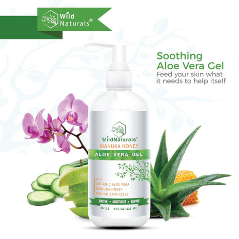 Wild Naturals 100% Pure Aloe Vera Gel with Manuka Honey, Organic Gel for Sunburn Relief, Acne, Moisturizing
