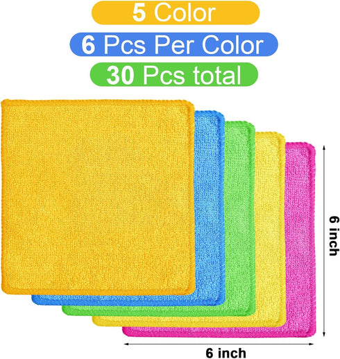 Microfiber Cleaning Cloth, 6"x6" Rags, Reasonable Kitchen Towels, 30 Pcs in Green, Blue, Yellow, Pink, Orange