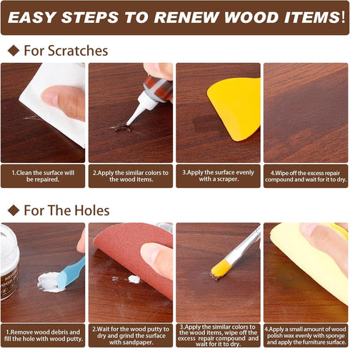 Wood Furniture Repair Kit 15Pcs - 6 Colors Wood Filler for Hardwood, Laminate, Vinyl Floor Repair
