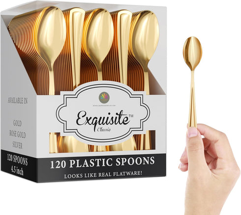 120 Pack Heavy Duty Gold Plastic Tea Spoons - Disposable Silverware for Catering, Parties, Weddings