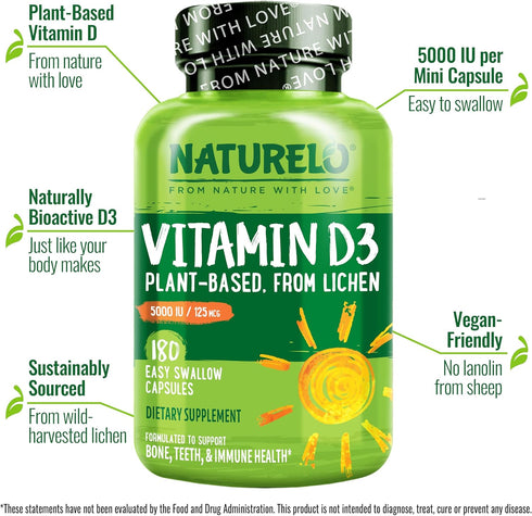 NATURELO Vitamin D 5000 IU, Plant Based from Lichen, Natural D3 Supplement for Immune System, Bone & Joint Health, 180