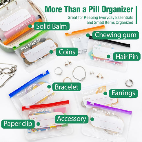Toollygozz A8 Set, 14 Waterproof Pill Pouch Large Weekly Pill Organizer with Color-Coded Medicine Pouches, Reusable