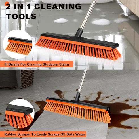 Keleekelin 18" Push Broom Outdoor with Rubber Squeegee,Heavy Duty Broom Brush with Handle,Stiff Bristles for Patios