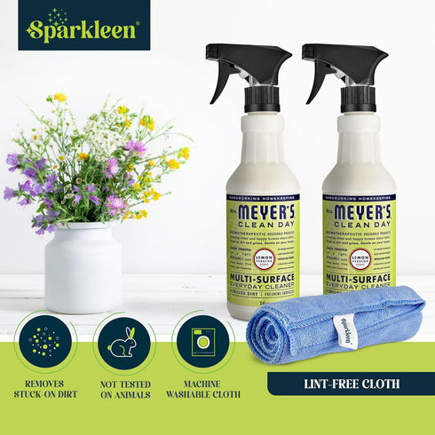 Mrs. Meyers Multi-Surface All Purpose Cleaner Set, 2 Pack Spray and Cloth Bundle for Bathroom, Living Room, 16 oz,