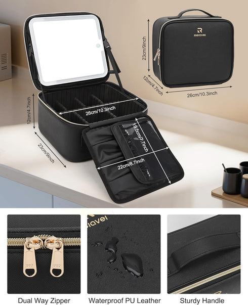 Relavel Makeup Bag with Light Up Mirror, Travel Cosmetic Organizer, Rechargeable Vanity Mirror with 3 Color Lights
