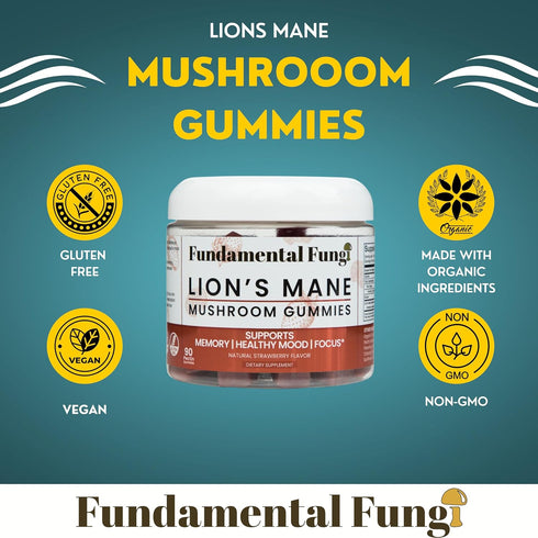 Gummies 90 Gummies 90 Gummys Organic Lion's Mane Mushroom | Servings | Brain Health, Focus, Clarity, & Memory Mushroom