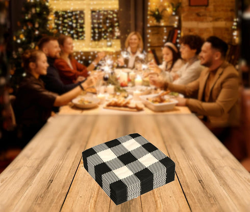 Iconikal 75-Count Black Gingham Disposable Paper Party Napkins - White Buffalo Plaid, Dinner Size