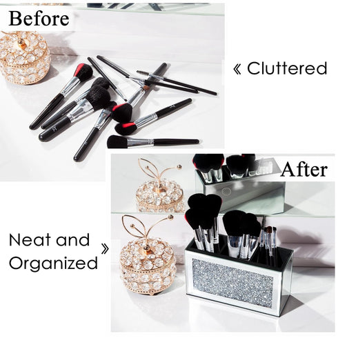 SHYFOY Mirrored Makeup Brush Holder Organizer, 3 Slot Glass Cosmetics Brushes Storage Holders with Crystal Crushed