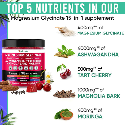 90ct 15-in-1 Pure Magnesium Glycinate Gummies 400 mg/serv - Calm Sleep Aid & Stress Relief with Ashwagandha, Tart