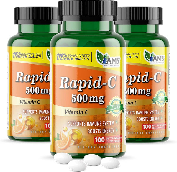 America Medic & Science Rapid-C, 500mg Vitamin C Supplement, 3 Pack of 100 Tablets, Daily Immune Support