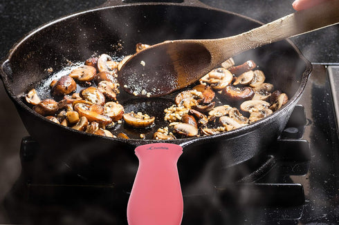 12-Inch Cast Iron Skillet Set (Pre-Seasoned) with Large & Assist Silicone Hot Handle Holders, Glass Lid, Scraper &