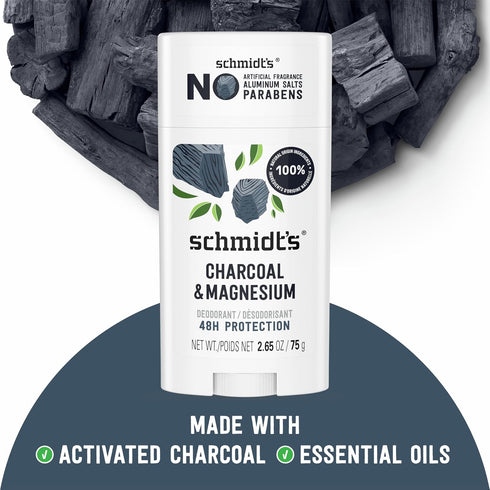Schmidt's Aluminum-Free Vegan Deodorant Charcoal & Magnesium, 2.65 oz, Natural Ingredients