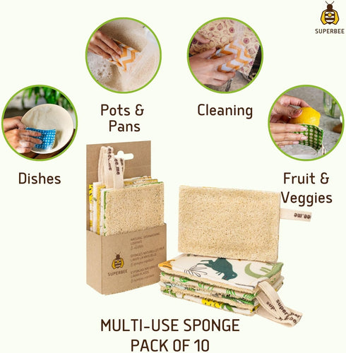 SUPERBEE Natural Kitchen Sponges 10 Pack - Eco-Friendly, Plant-Based Biodegradable Loofah Dish Sponge, Zero-Odor