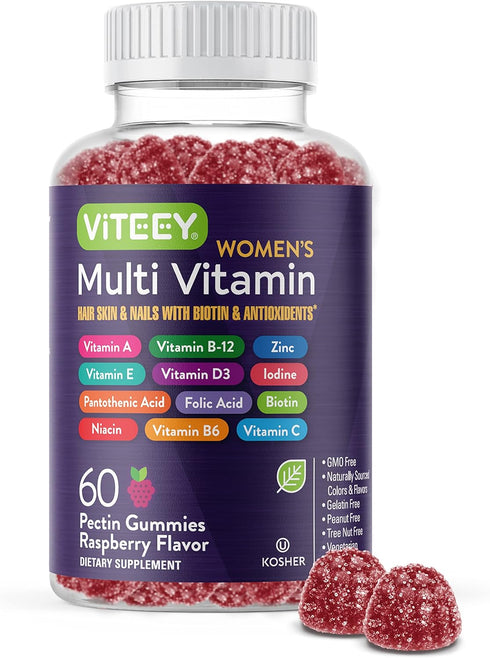 Womens Multivitamin Gummies - 12 in 1 Essential Daily Vitamins & Minerals, Immune Support - Raspberry Flavored.
