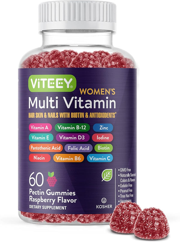 Womens Multivitamin Gummies - 12 in 1 Essential Daily Vitamins & Minerals, Immune Support - Raspberry Flavored.