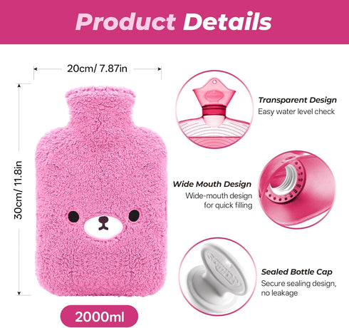samply Hot Water Bottle with Cute Fleece Cover, Hot Water Bag for Hot and Cold Compress, Hand Feet Warmer, Neck