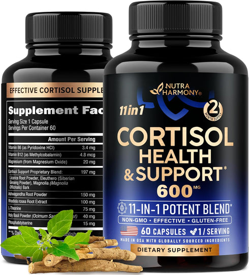 Cortisol Supplement 600 mg 60 Capsules - 11-in-1 Hormone Balance for Women, Mood, Focus, Sleep Support, Vegan, Non-GMO