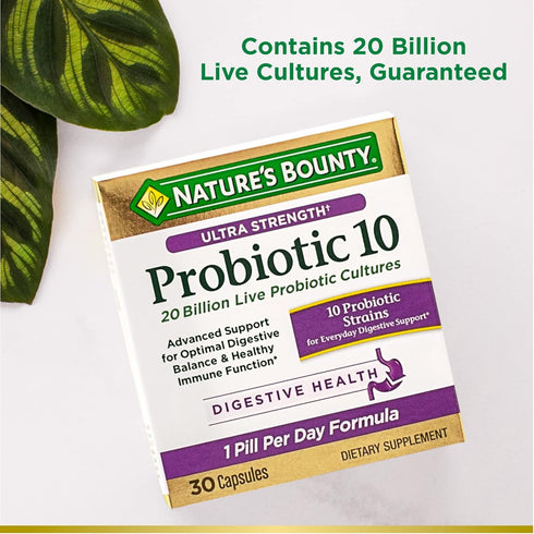 Nature’s Bounty Probiotic 10, 30 Capsules | Ultra Strength Daily Probiotic for Digestive, Immune & Respiratory Health