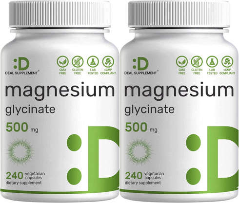 DEAL SUPPLEMENT 2 Pack Magnesium Glycinate 500mg, 480 Veggie Capsules for Muscle, Joint, Heart, Digestive Health