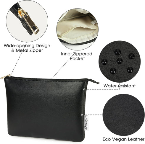 Narwey Small Makeup Bag - Vegan Leather Travel Pouch, Zipper Cosmetic Bag for Women (Black)