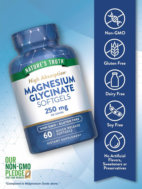 Nature's Truth Magnesium Glycinate Softgels | 250mg | 60 Pills | Non-GMO, Gluten Free, High Absorption Supplement