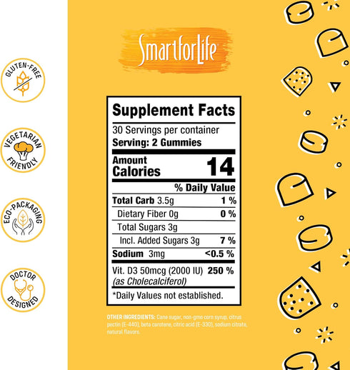 Smart for Life Vitamin D3 Gummies - High Absorption Vitamin D3 for Immune Support & Bone Strength - 60 Count