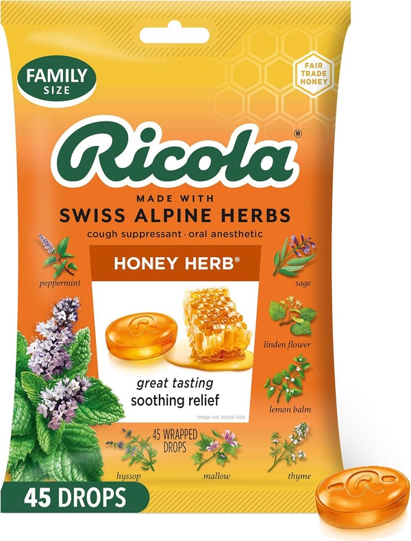 Ricola Honey Herb Cough Drops, 45 Count, Fair Trade Honey & Natural Menthol, Cough Suppressant & Throat Relief