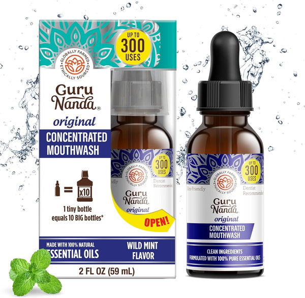 GuruNanda Concentrated Mouthwash (2 fl oz), Fluoride-Free Mint Mouthwash with Natural Essential Oils, Supports 300