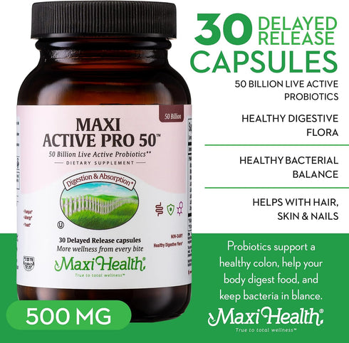 Maxi Health Probiotic Plus Ultimate Prebiotic - 50 Billion Live Active Probiotics Formula - 15 Strains - 30 Count