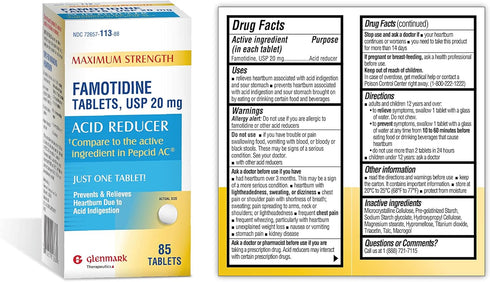 Glenmark Maximum Strength Famotidine Tablets 20 mg, Acid Reducer for Heartburn Relief, 85 Count