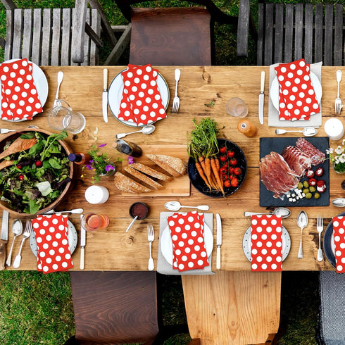 DYLIVeS 100 Pack Red and White Polka Dots Guest Towel Napkins, 3-Ply Disposable Dinner Napkins for Parties & Events