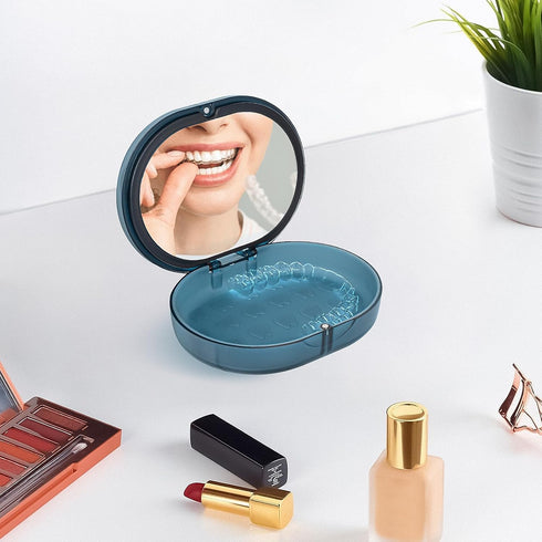 Linkidea Double-layer Retainer Storage Case with Mirror, Portable Aligner Holder with Removal Tool, Blue