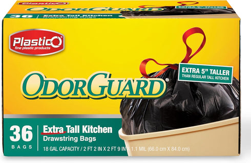 Plastico Extra Tall Kitchen Trash Bags, 18 Gallon, Black, 36 Garbage Bags, Extra Strong, Easy Drawstrings, Unscented