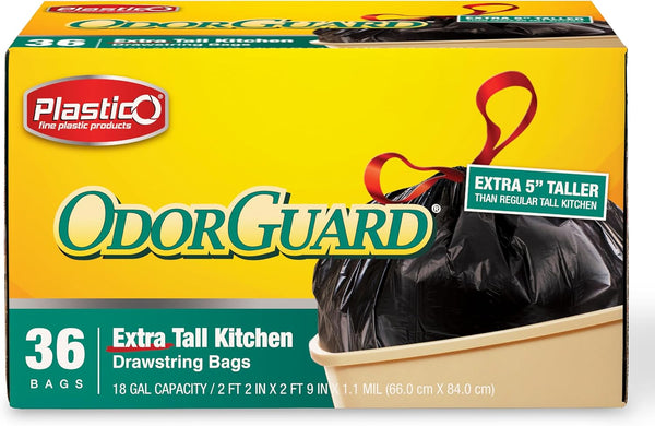 Plastico Extra Tall Kitchen Trash Bags, 18 Gallon, Black, 36 Garbage Bags, Extra Strong, Easy Drawstrings, Unscented