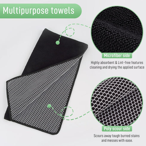 SINLAND Microfiber Dish Cloth, 10 Pack, 12 Inch x 12 Inch, Best Kitchen Washcloths with Poly Scour Side, Black